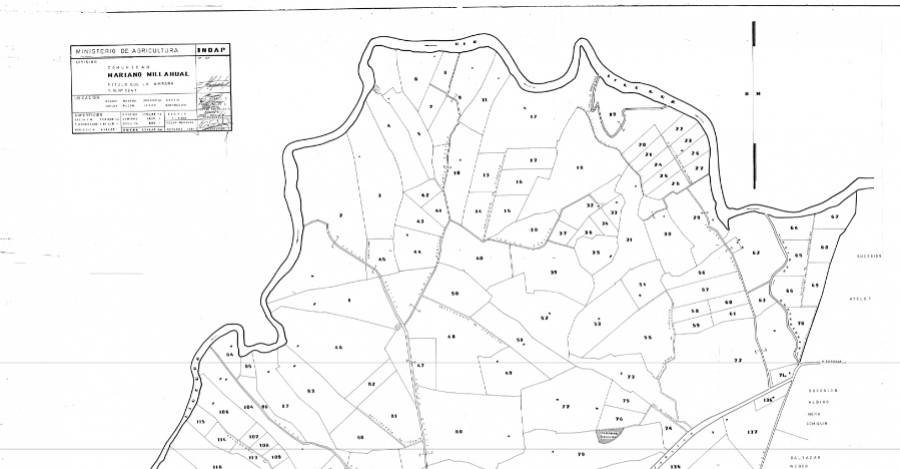 Mapa de las hijuelas resultantes de la división del título de merced. En amarillo, la hijuela 127 lugar donde se encuentran los lotes 12 y 14 propiedad de Rodrigo Ubilla. 