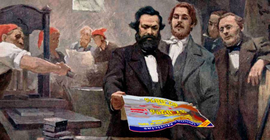 Montaje: Pintura Marx y Engels en la Rheinische Zeitung de E. Capiro y portada de LUN 5/09/22