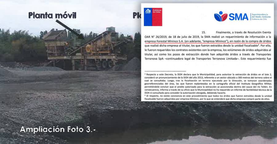 Sanción SMA y fotografía de zona de extracción ilegal.