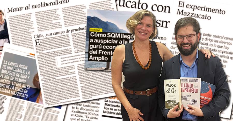 Fotomontaje. Adelante: Boric y Mazzucato. Atrás: Recortes de diarios sobre visita de la economista.