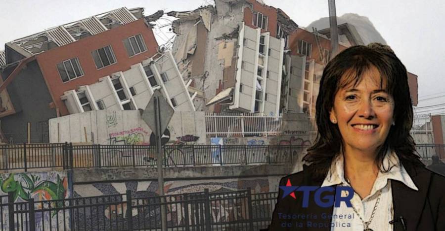 El edificio Alto Río tras el terremoto y la Tesorera General de la República, Ximena Hernández.