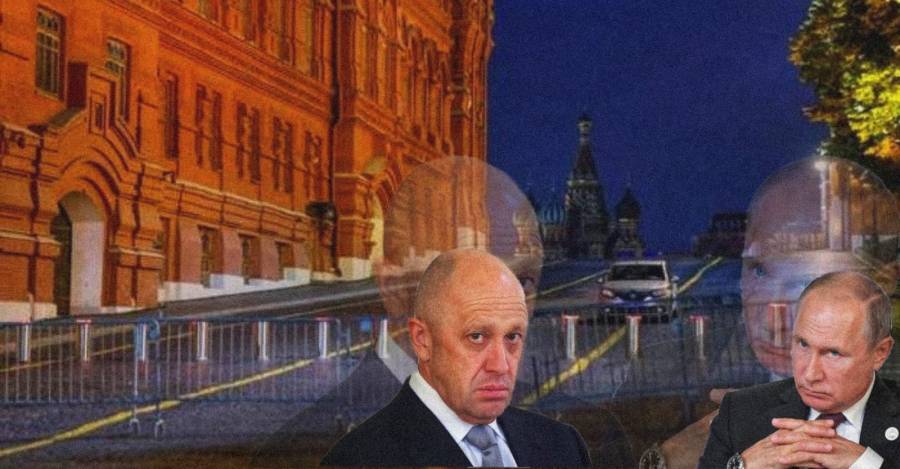 De fondo, el Kremlin cercado. Abajo, Prigozhin y Putin