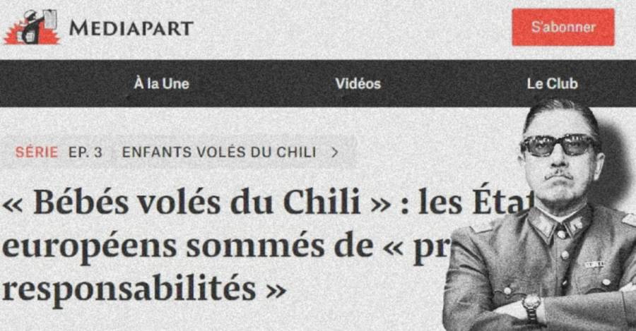 De fondo, uno de los reportajes de Mediapart. En la esquina, el dictador Pinochet