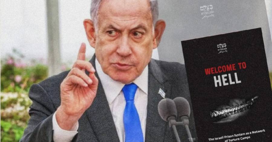 De fondo, Netanyahu. En la esquina, la portada del reporte sobre cárceles israelíes de B'Tselem