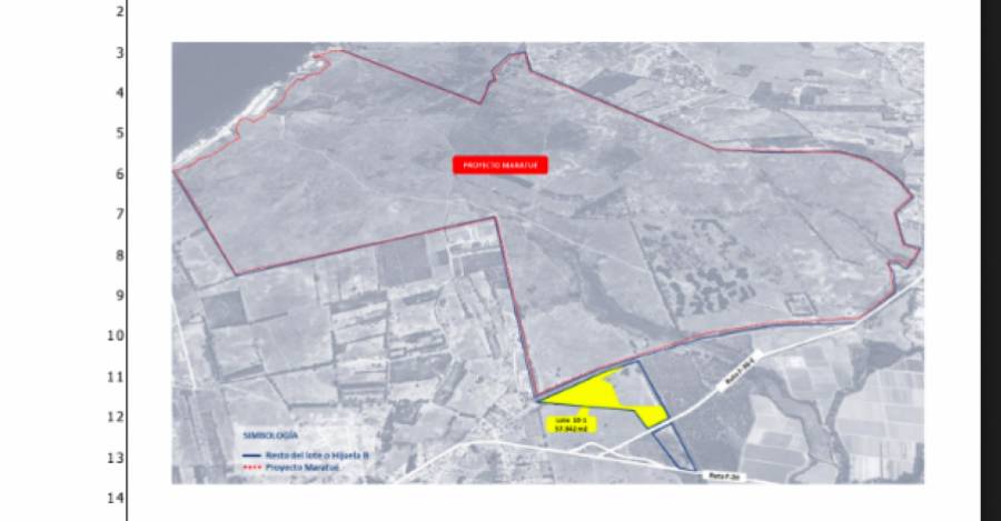 En amarillo, el terreno expropiado. En rojo, el megaproyecto Maratué