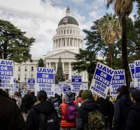 Cientos de personas se manifiestan en Sacarmento en favor del personal académico de la Universidad de California, a inicios de diciembre. BRONTË WITTPENN (AP)