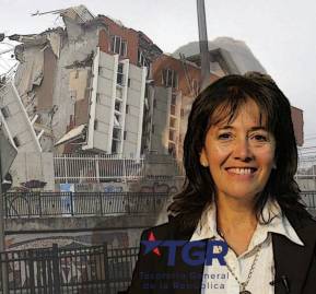 El edificio Alto Río tras el terremoto y la Tesorera General de la República, Ximena Hernández.