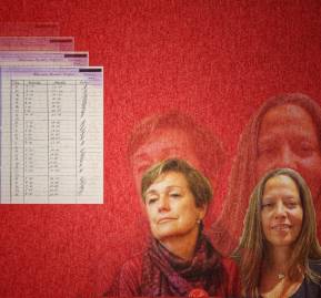 La ex alcaldesa Josefa Errázuriz y Alexandra Benado. Al costado, tabla con horas extra firmada por Benado La ex alcaldesa J. Errázuriz y A. Benado. Al costado, tabla con horas extra firmada por Benado