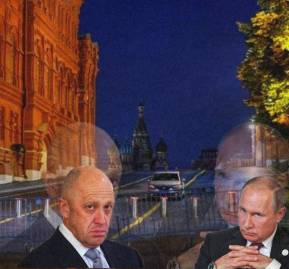 De fondo, el Kremlin cercado. Abajo, Prigozhin y Putin