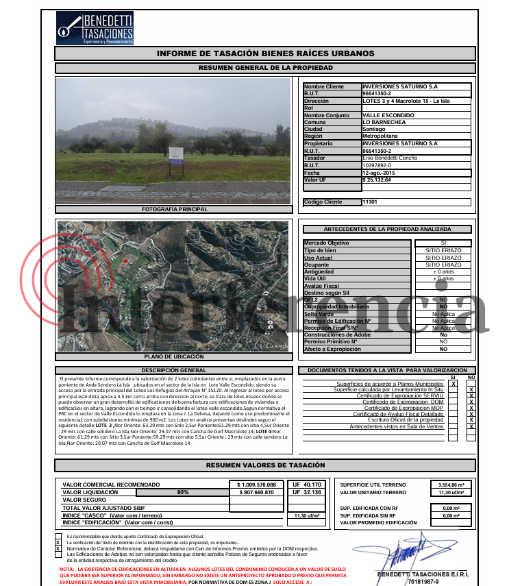 Tasación del terreno La Isla, en Valle Nevado, propiedad de Inversiones Saturno, sociedad del expresidente Eduardo Frei Ruiz-Tagle. Tasación del terreno La Isla, en Valle Nevado, propiedad de Inversiones Saturno, sociedad del expresidente Eduardo Frei Ruiz-Tagle.