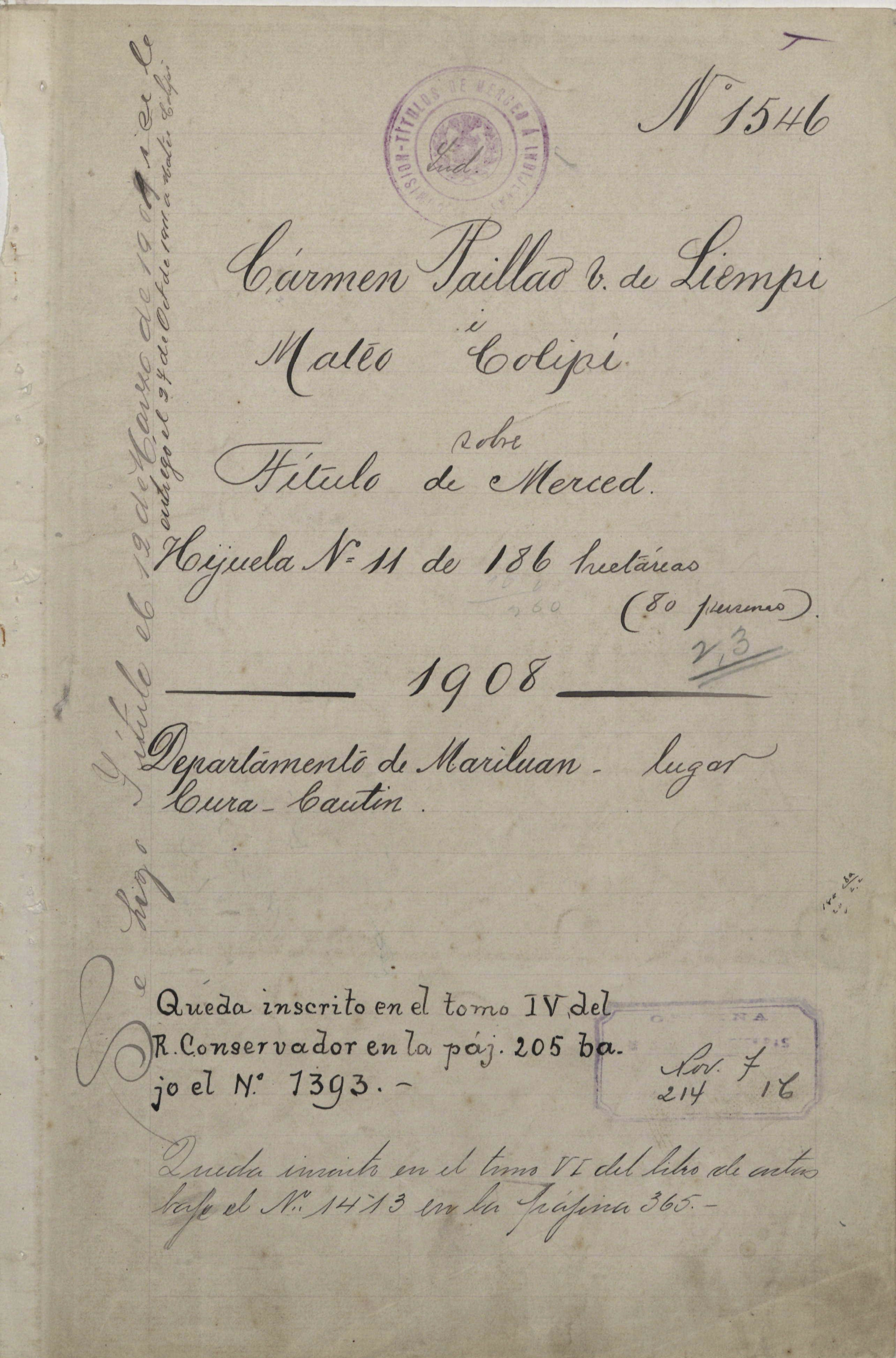 Título de Merced de la comunidad Liempi Colipi. Documento adquirido en el Archivo General de Asuntos Indígenas (Conadi). Título de Merced de la comunidad Liempi Colipi. Documento adquirido en el Archivo General de Asuntos Indígenas (Conadi).