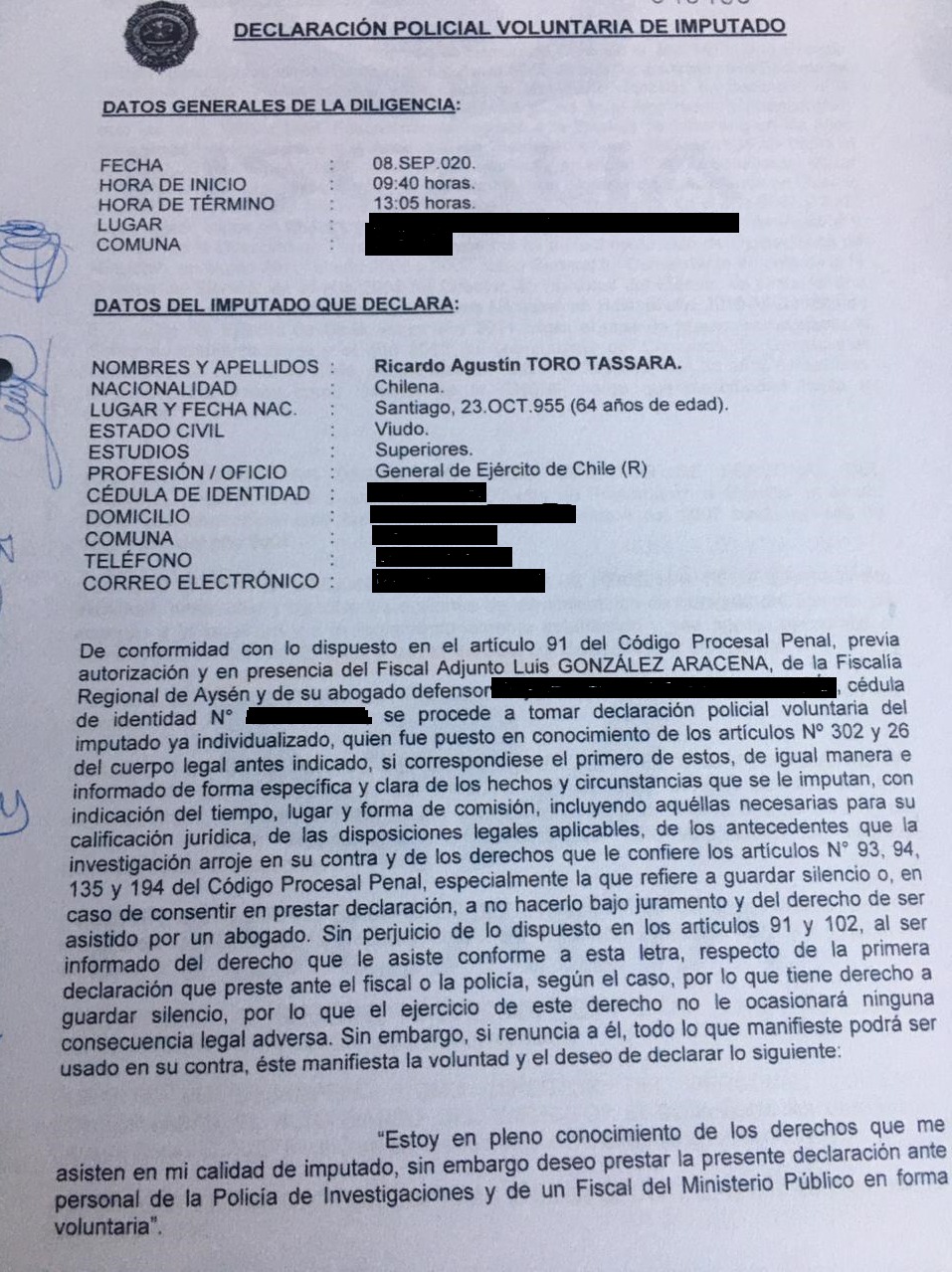 Primera página de la declaración de Toro Tassara