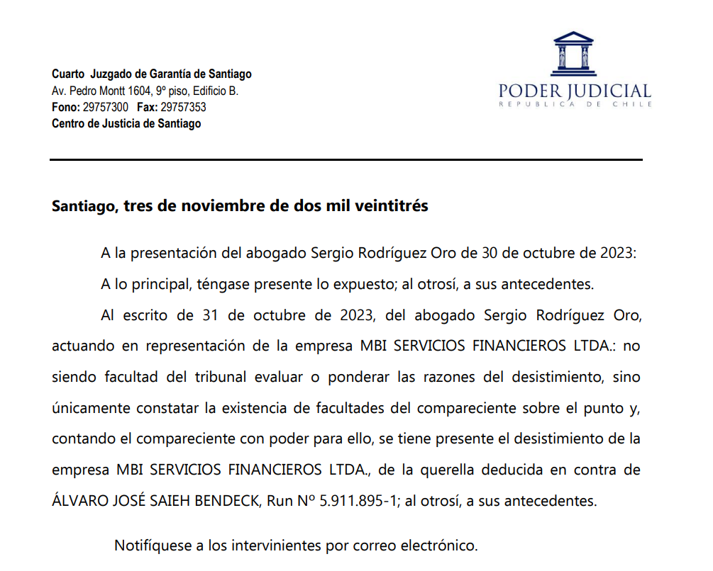 Tribunal acepta desistimiento de MBI. Tribunal acepta desistimiento de MBI.