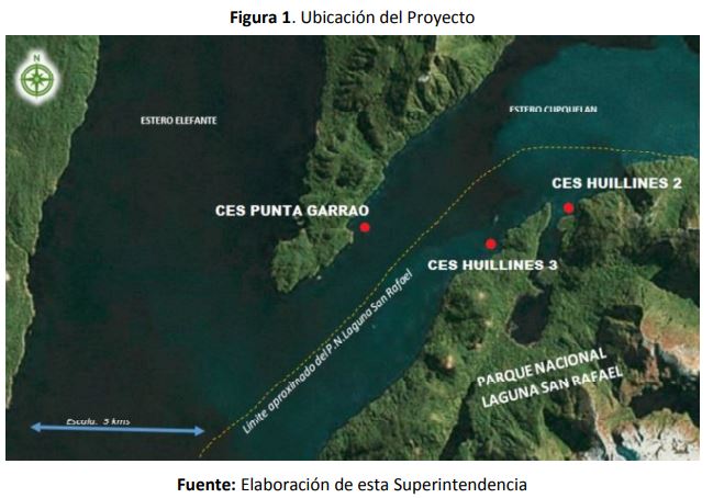 Centros de Cooke en el PN Laguna San Rafael. Fuente: SMA Centros de Cooke en el PN Laguna San Rafael. Fuente: SMA