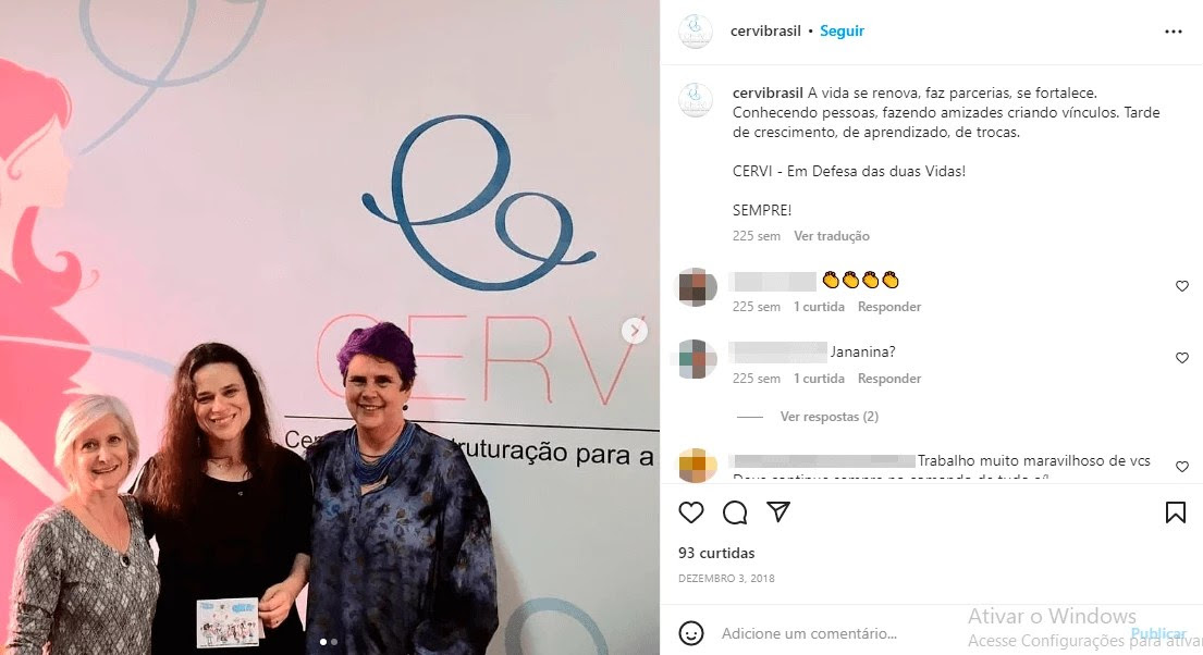Un posteo de Cervi en redes sociales agradece la colaboración de la exdiputada estatal Janaína Paschoal (centro). La presidenta de Cervi, Rosemeire Santiago, aparece a la derecha