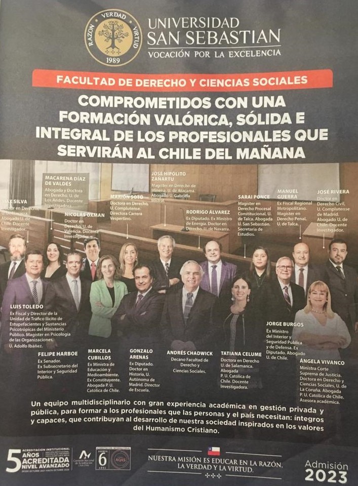 Publicidad de la Facultad de Derecho y Ciencias Sociales de la Universidad San Sebastián.