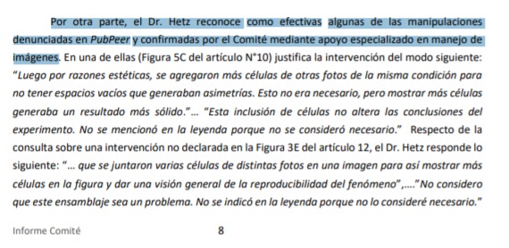 Extracto de informe del comité, donde Hetz reconoce manipulación de figuras Extracto de informe del comité, donde Hetz reconoce manipulación de figuras