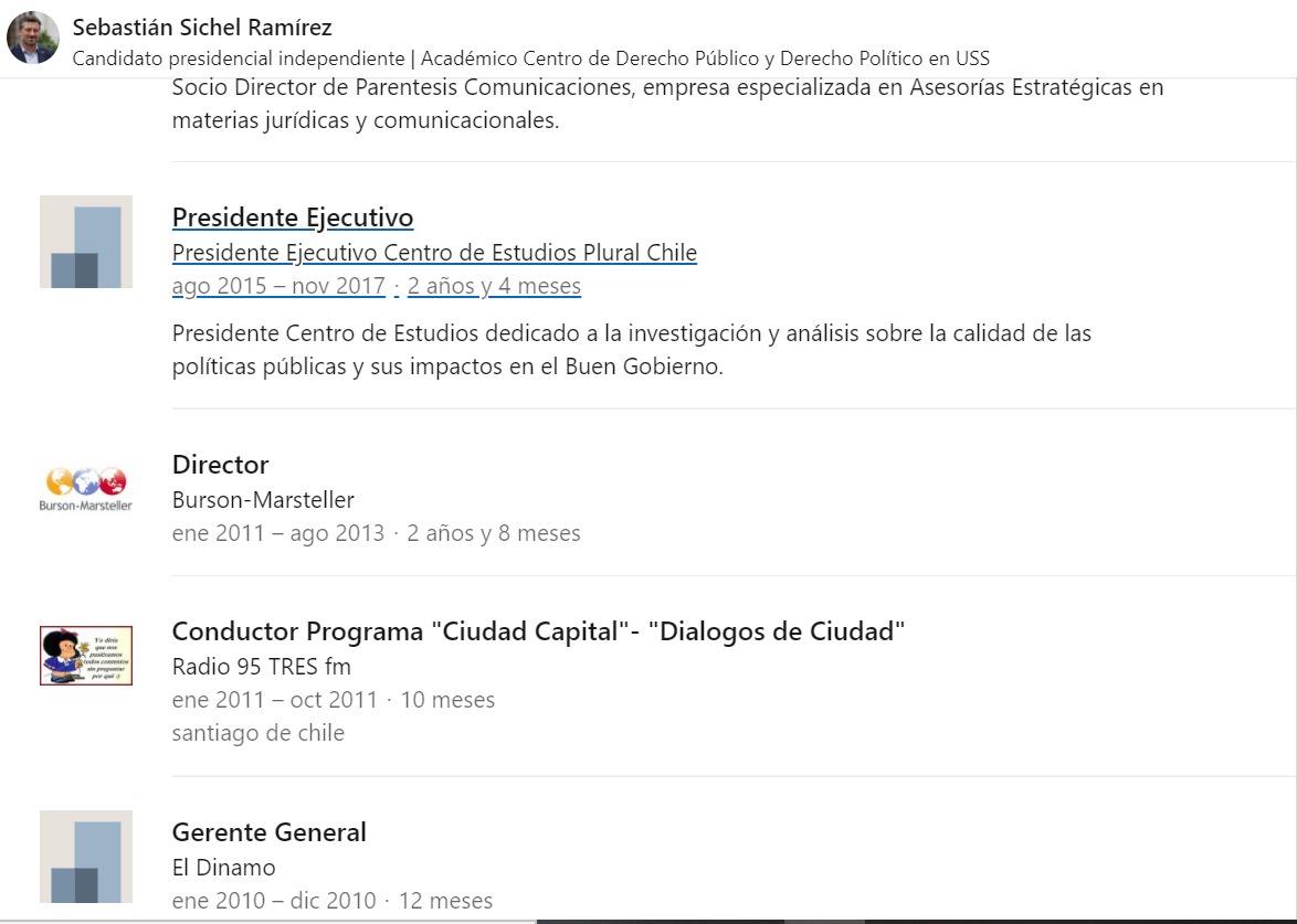 El perfil en LinkedIn de Sichel a la semana pasada, donde figura en B-M desde enero de 2011