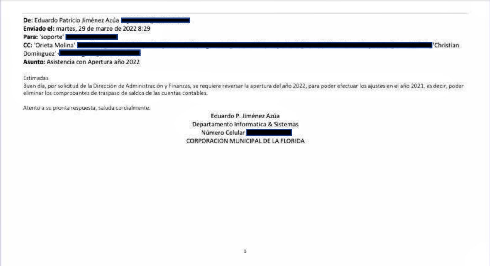 Correo enviado por funcionario donde se indica orden de borrar comprobantes de compatibilidad