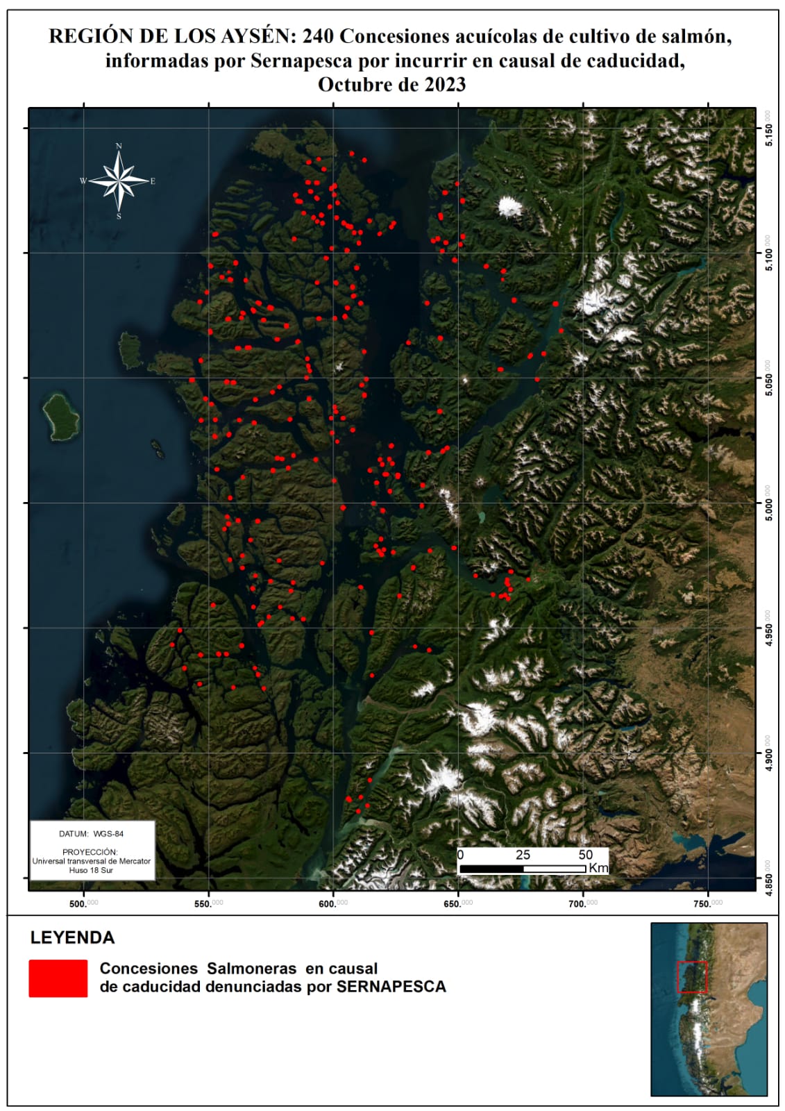 Mapa de concesiones con causal de caducidad en Aysén. Mapa de concesiones con causal de caducidad en Aysén.