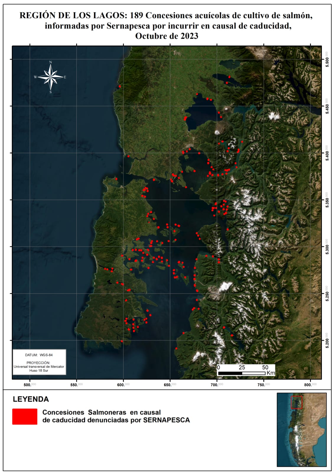 Mapa de concesiones con causal de caducidad en Los Lagos. Mapa de concesiones con causal de caducidad en Los Lagos.