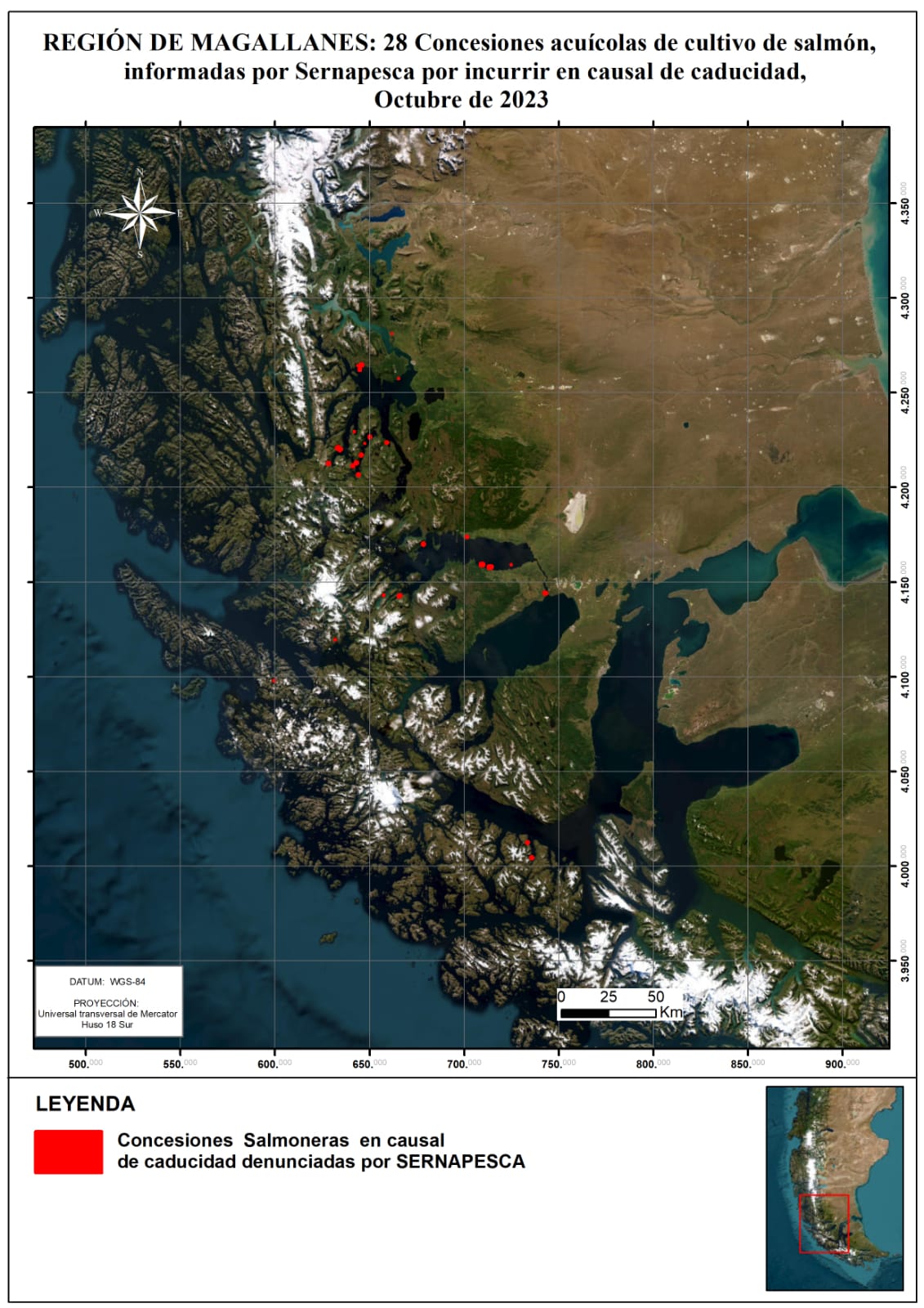 Mapa de concesiones con causal de caducidad en Magallanes. Mapa de concesiones con causal de caducidad en Magallanes.